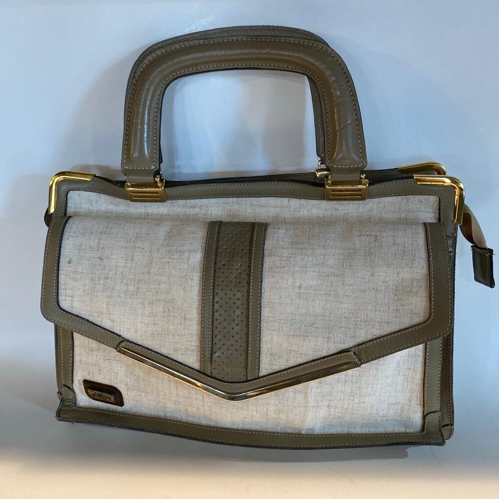 Philippe Vintage Handbag. Two Handles. Canvas and Taupe Leather. Many Compartmen